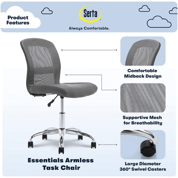 Serta Armless Office Task Chair Adjustable Dual Caster up to 275 lbs Black 
